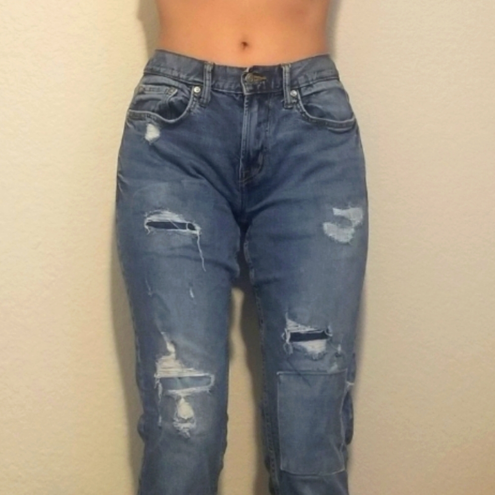 Straight leg, ripped, patched, denim pants